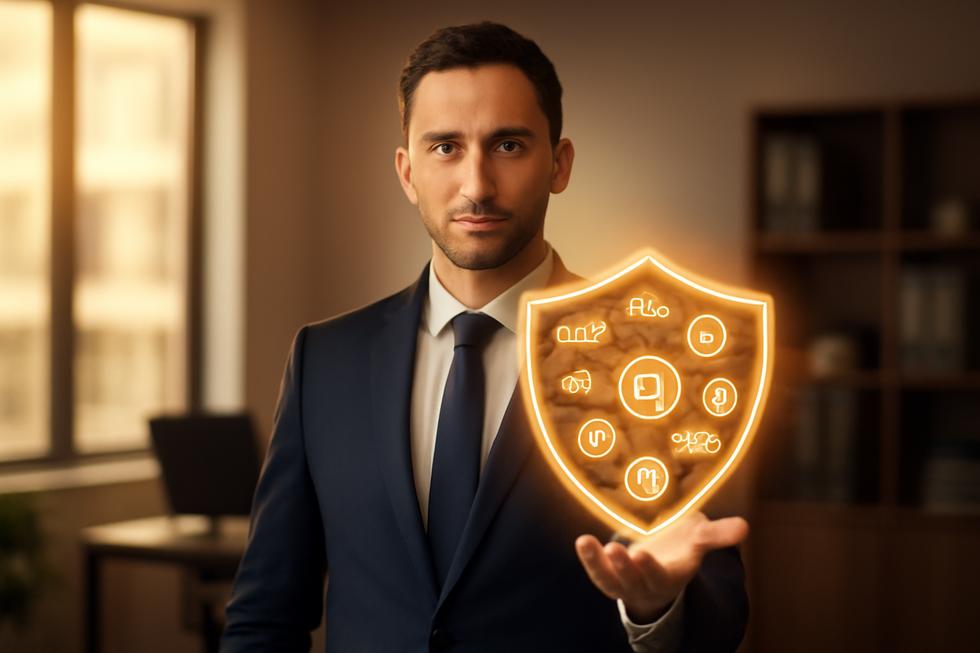 Entrepreneur holding a digital shield with brand logos turning into registered trademark symbols in a modern office.