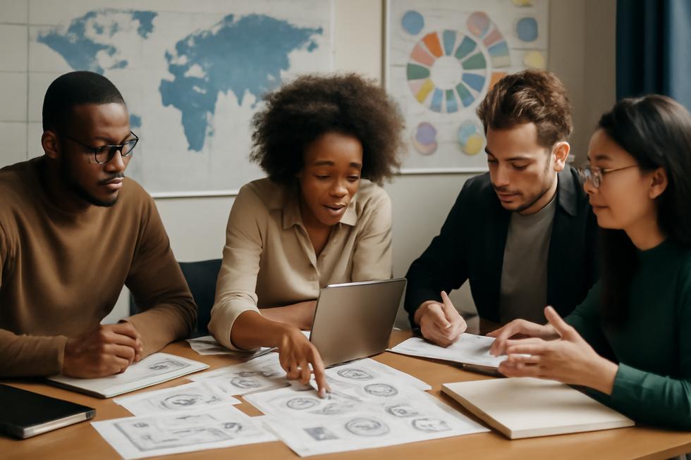 A multicultural group of entrepreneurs brainstorming brand names with notebooks, laptops, and cultural reference materials in a modern office.