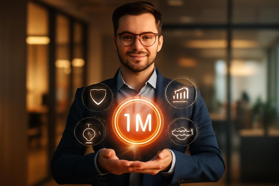 Photo-realistic image of a confident business owner holding a glowing trademark icon surrounded by symbols of protection, growth, and strategy.