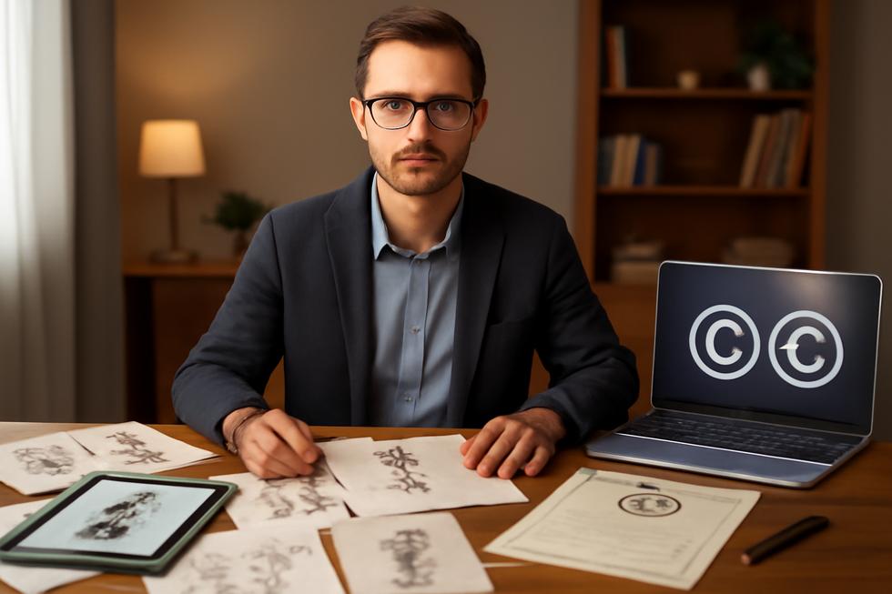 Business owner at desk with character sketches, digital tools, and copyright materials symbolizing creative protection.