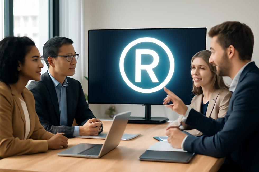 Group of business owners examining a bright logo on a screen representing design mark trademark protection.