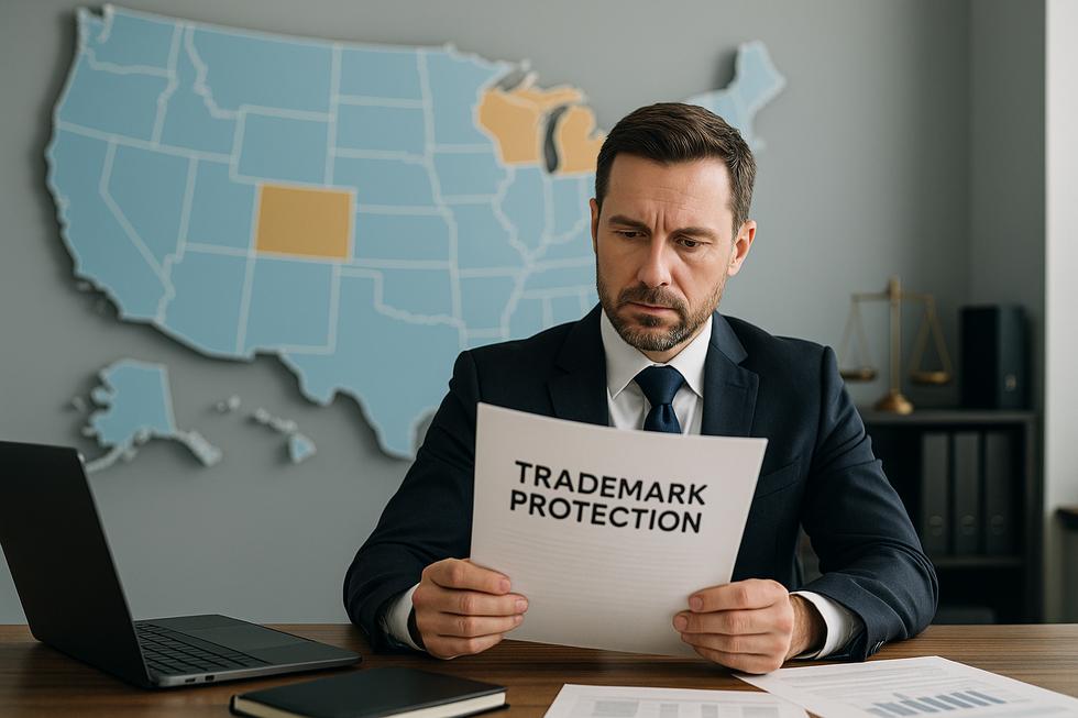 Business professional reviewing trademark documents with a U.S. map highlighting federal and state jurisdictions, illustrating trademark protection choices.
