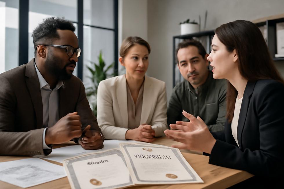 Office scene with professionals reviewing patent papers and trademark certificates representing phrase protection.