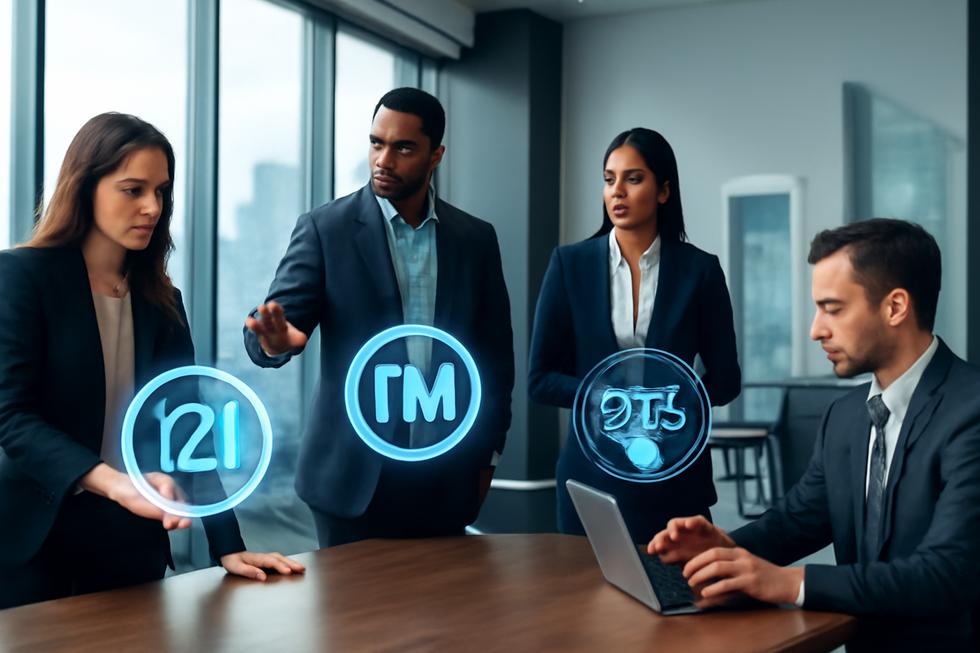 Business professionals in an office interacting with holographic trademarks and legal symbols overlooking a city skyline.