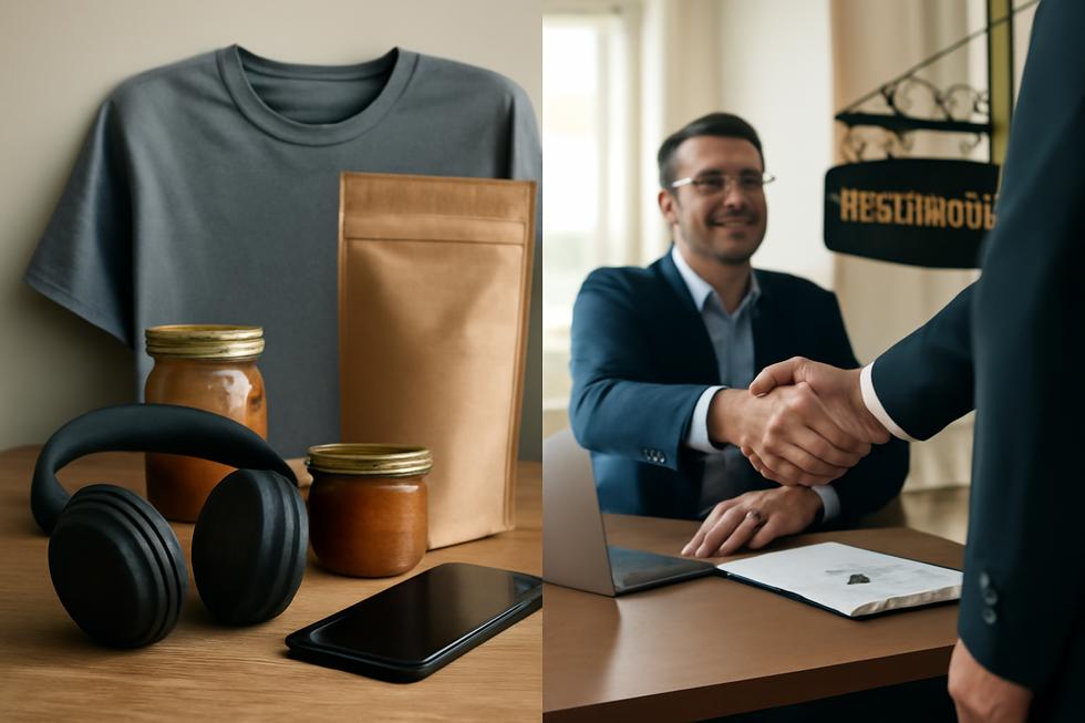 Split-screen showing tangible branded products on one side and service-related visuals on the other representing trademark and service mark.