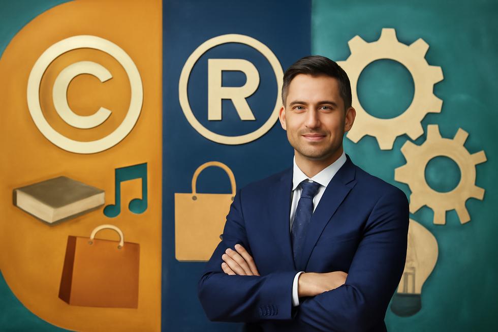 Photo-realistic image of business owner with visual icons representing different types of intellectual property.
