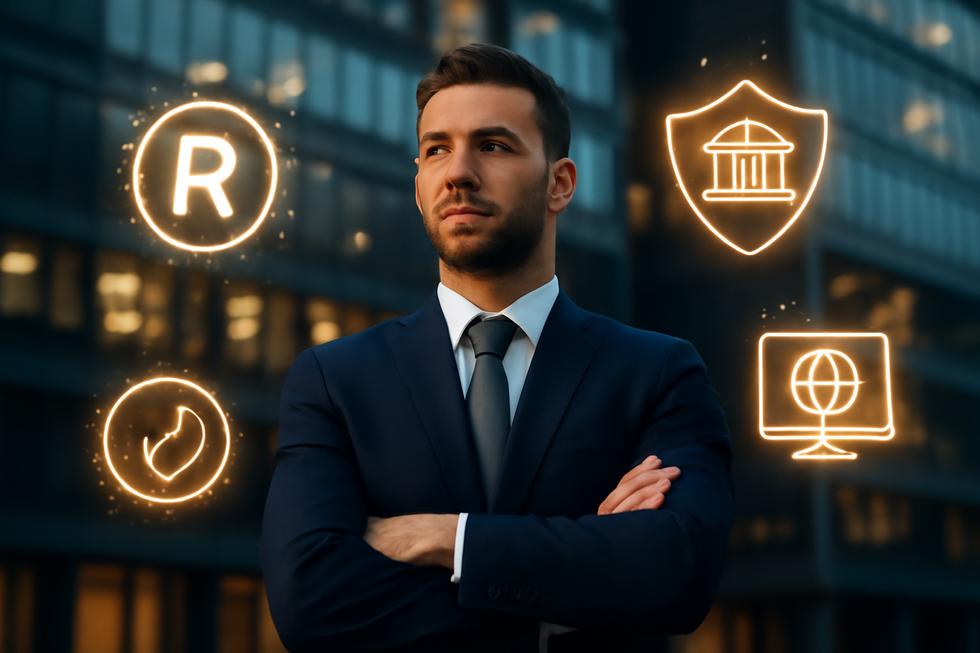 Business owner standing confidently in front of an office with trademark and digital security icons surrounding.