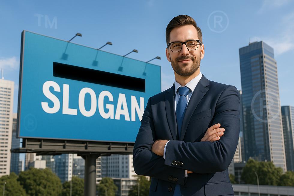 Business owner in front of a billboard displaying a trademarked slogan with a city skyline in the background.