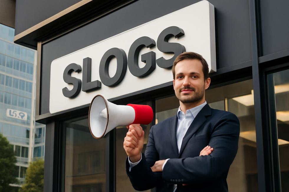 Photo-realistic image of a confident business owner standing in front of a store with a bold slogan sign and a USPTO office building in the background.