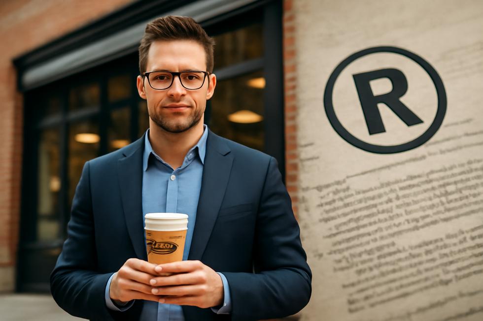 Entrepreneur holding branded merchandise in front of local shop with trademark legal elements in background.