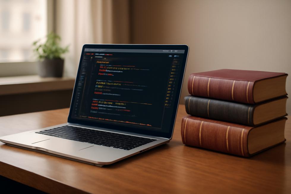 Laptop with software code and legal books on desk symbolizing computer software copyright protection.