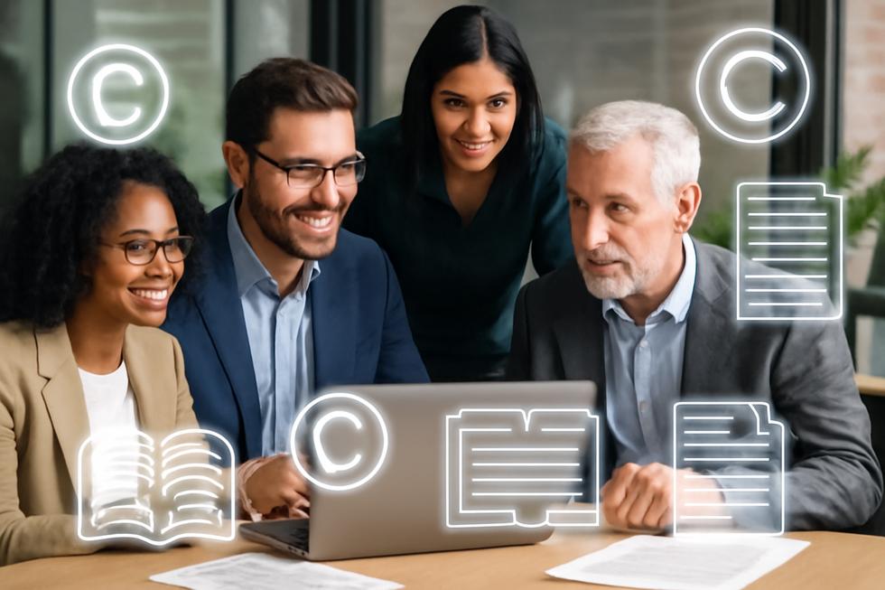 Group of business professionals with digital copyright and public domain symbols appearing around them in a modern office.