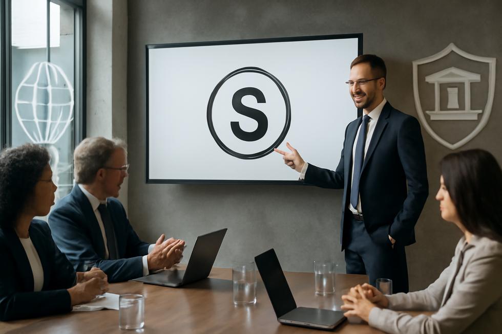 Business professional presenting a service mark alongside icons of legal protection and global network connections.