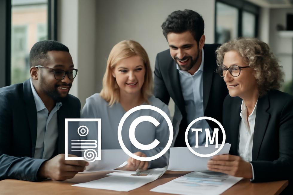 Business owners reviewing intellectual property documents with patent, copyright, and trademark symbols in modern office.