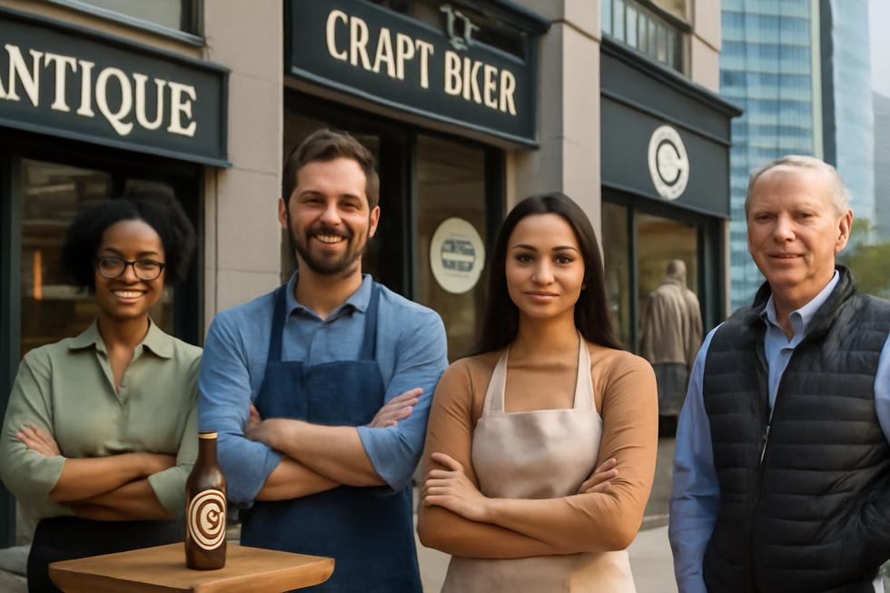 Group of diverse business owners outside their shops, showcasing trademarks in a commercial urban setting.
