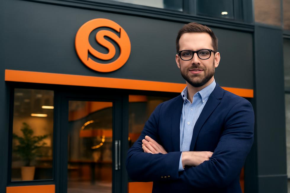 Business owner standing outside a storefront featuring a unique and professionally designed logo and brand colors.