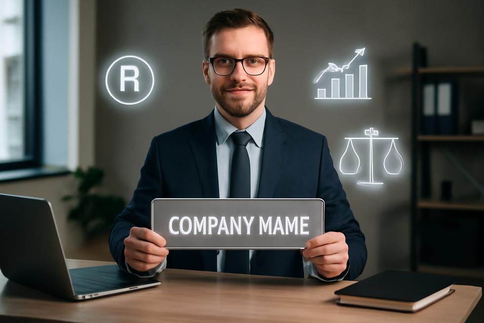 A confident business owner in a modern office holding a company name sign with digital symbols representing trademark protection.