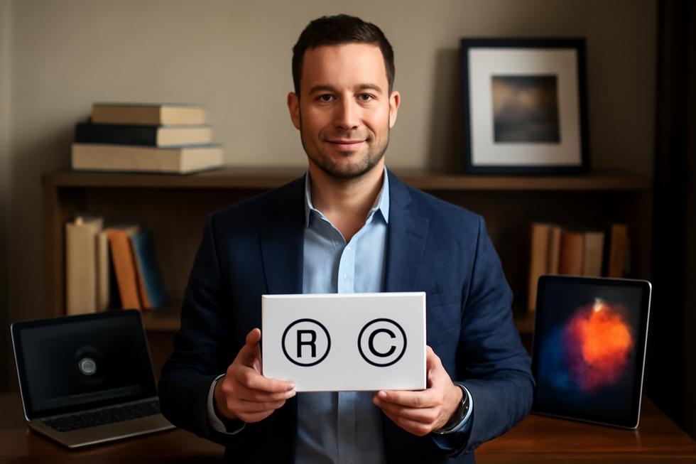 Business owner holding branded product with visible logos and copyright marks amid creative media.