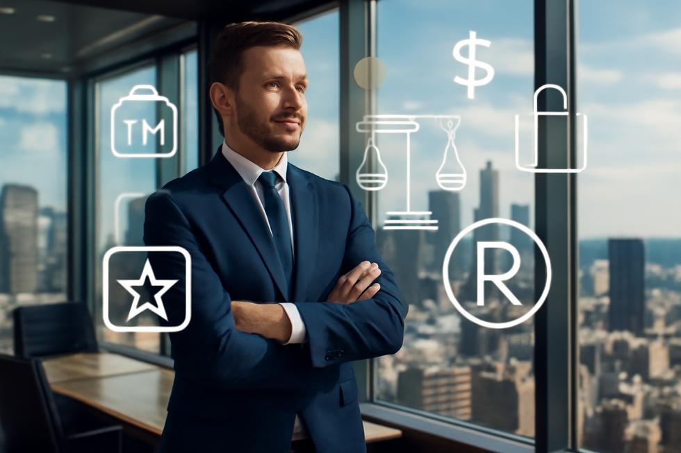 An American business owner in office overlooking the city with visual elements symbolizing branding and legal frameworks.