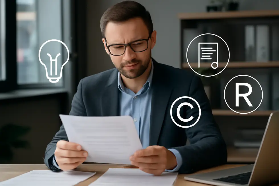 Business owner examining documents that define the scope of domestic intellectual property rights.