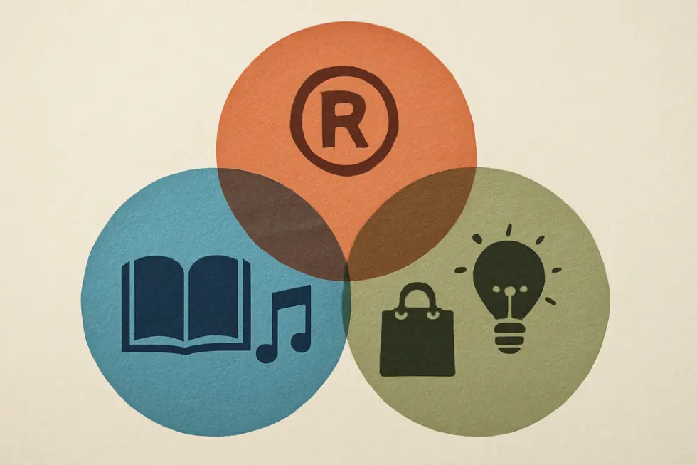 Visual comparison of copyright, trademark, and patent highlighting their unique definitions and core purposes.