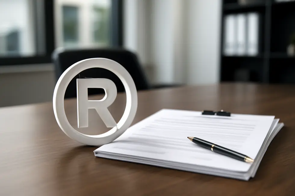 Visual representation of a trademark alongside formal registration documents in a business context.