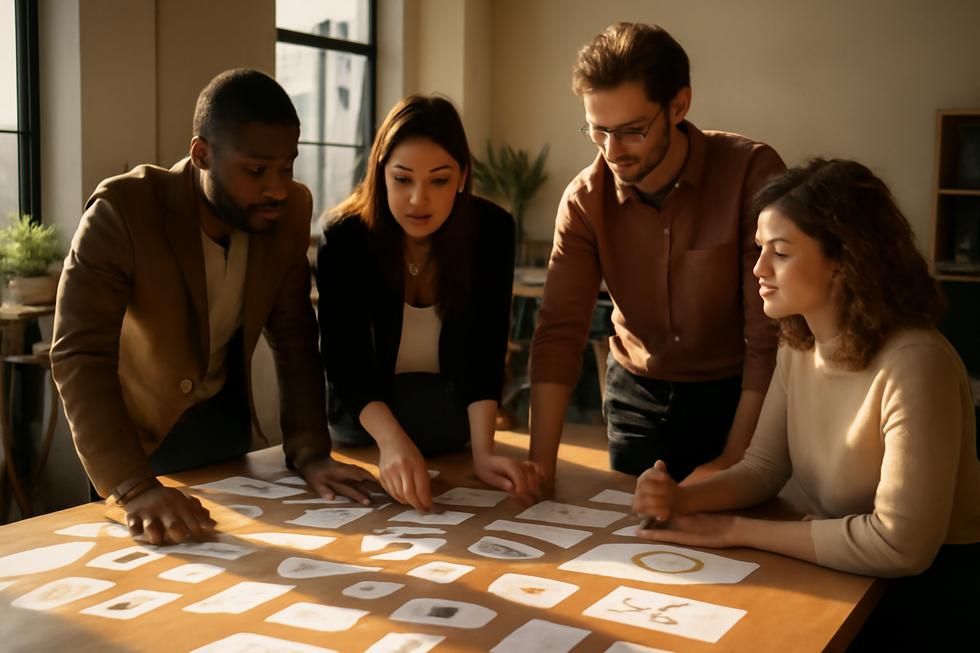 Group of business owners brainstorming and working on different styles of company names in a modern office.