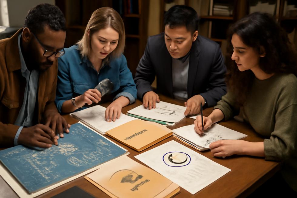 Group of professionals working together surrounded by documents and materials illustrating the spectrum of intellectual property types.