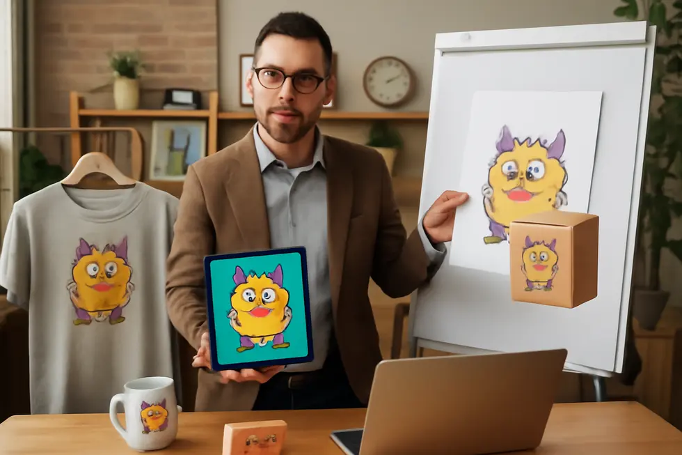 A business owner showcasing a distinctive fictional character across merchandise to establish brand identity.