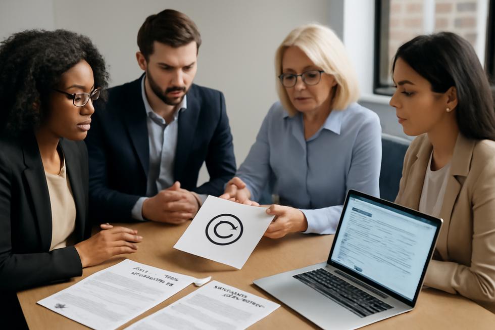 Group of diverse entrepreneurs around a table with logo sketches, legal documents, and trademark application on laptop.