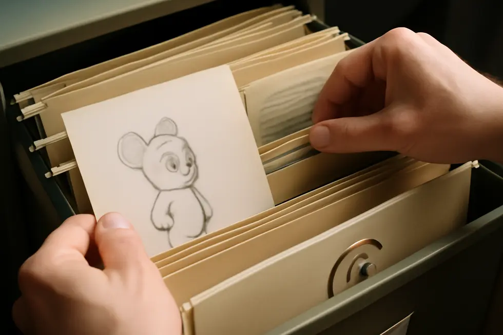 A creator capturing a character in tangible form, triggering automatic copyright protection.