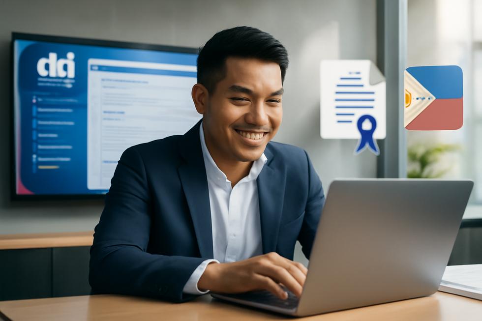 Filipino business owner working on DTI business name registration online in a modern office.
