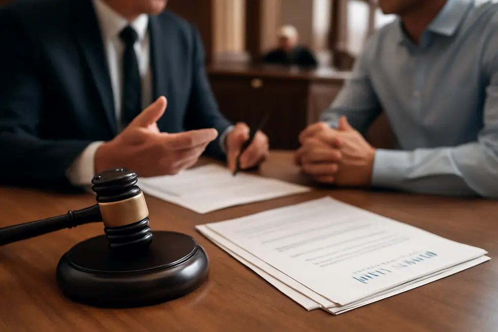 Business owner examining copyright and trademark concepts with legal symbols and documents.
