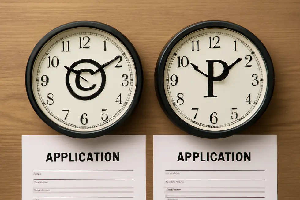 Visual comparison of legal documents representing copyright and patent protections.