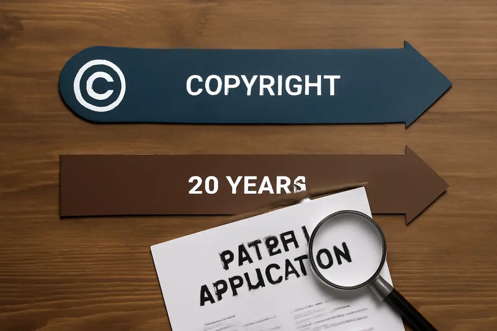 Visual comparison of copyright protecting creative works and patents safeguarding inventions.
