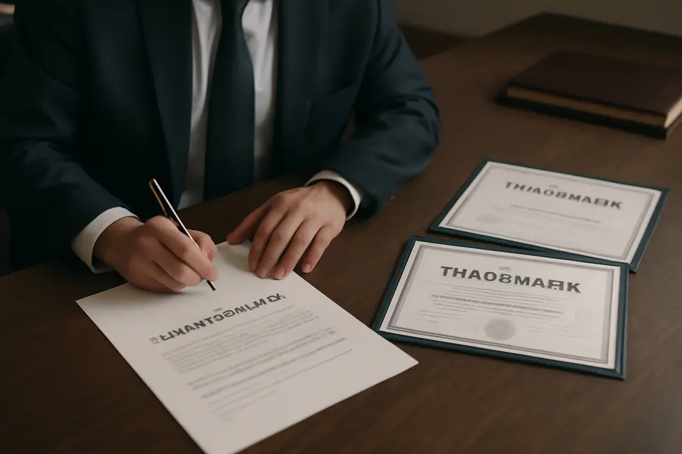 Business owner conducting a trademark availability search and preparing for registration to protect their brand identity.