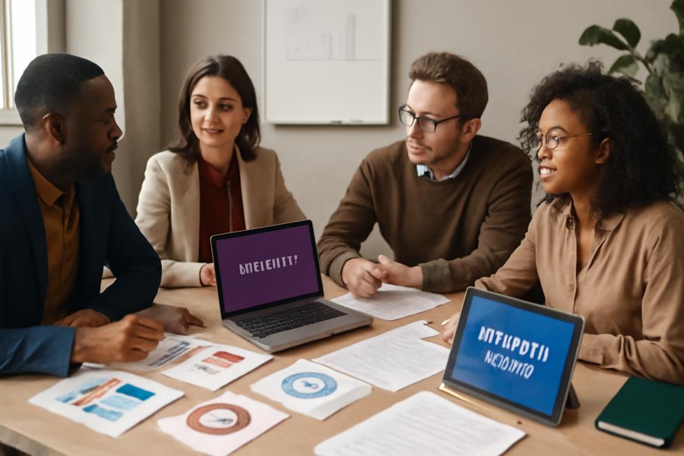 Diverse business team working together on enterprise name ideas and trademark protection in a modern meeting room.