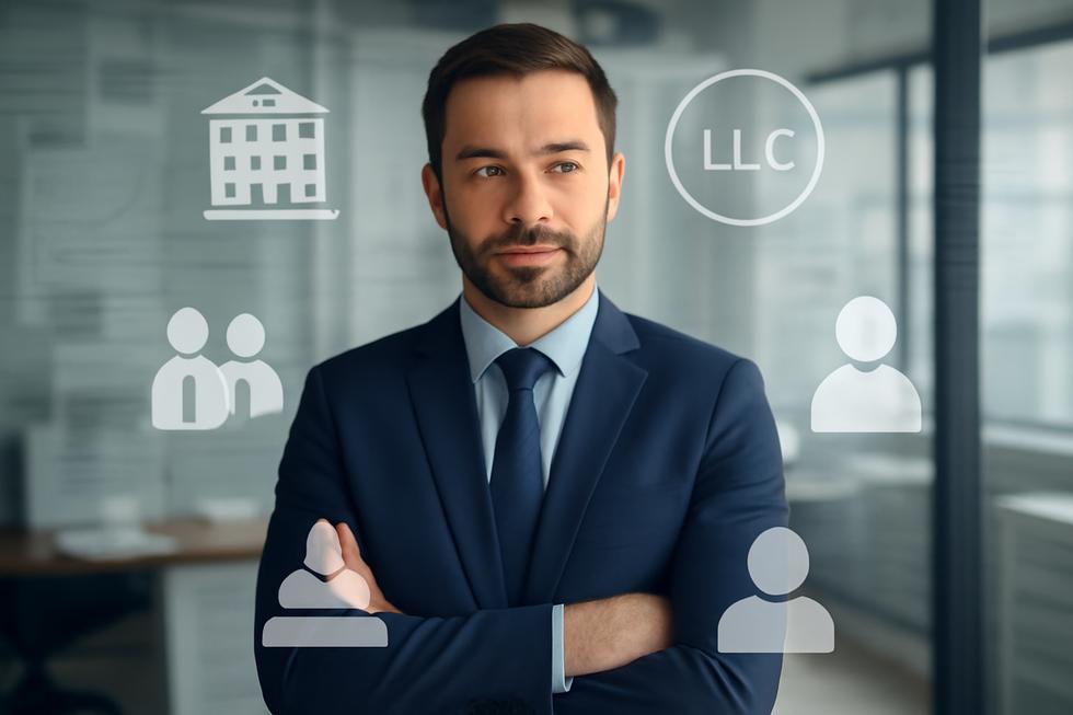 Business owner in office surrounded by overlays illustrating different entity company types and legal elements.