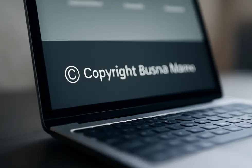 A website footer highlighting essential copyright text components such as the © symbol, year ranges, and business name.