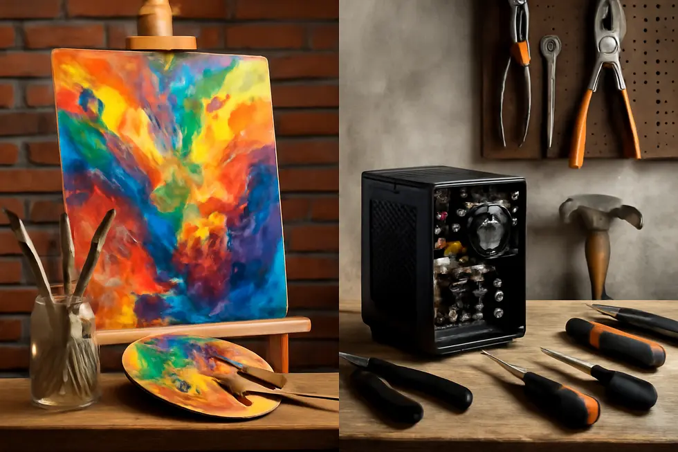 Visual comparison of copyright protecting creative works and patents safeguarding inventions.