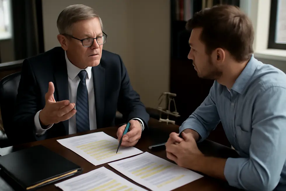 Business owner reviewing copyright notices and legal documents to protect creative assets.