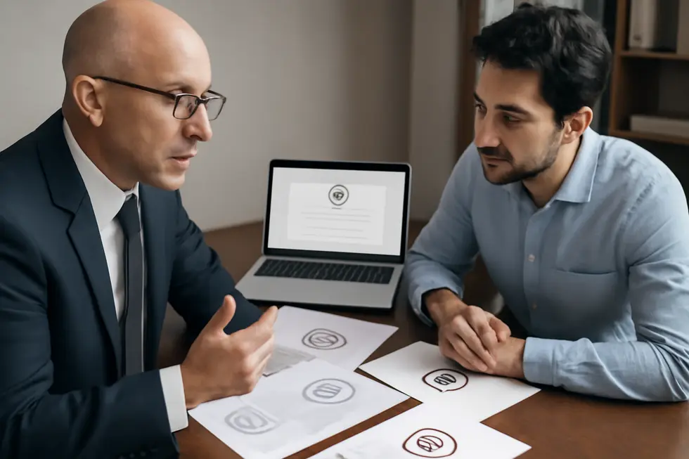 A business owner carefully searching databases to confirm company name availability and uniqueness.