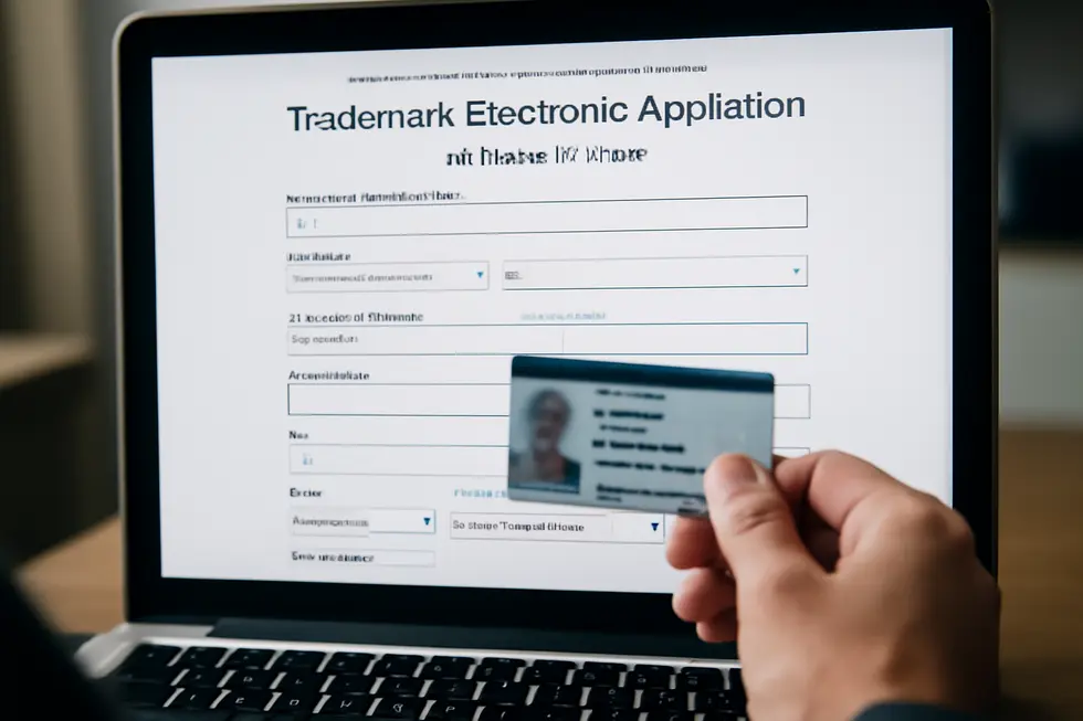 A business owner researching and selecting a unique artist name through online trademark searches.