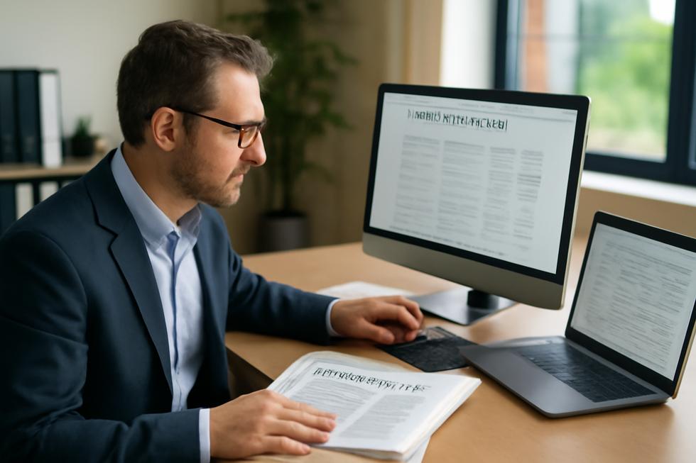 Business owner reviewing documents and digital resources related to business ownership in a modern office space.