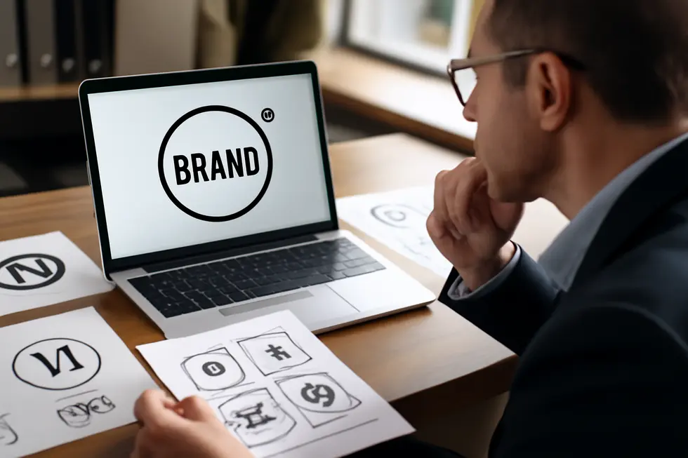 A business owner reviewing trademark elements, symbolizing the core components and purpose of trademark law.