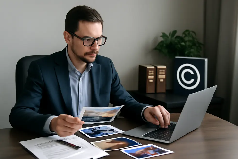 Business owner assessing copyrighted materials alongside legal documents in a professional setting.