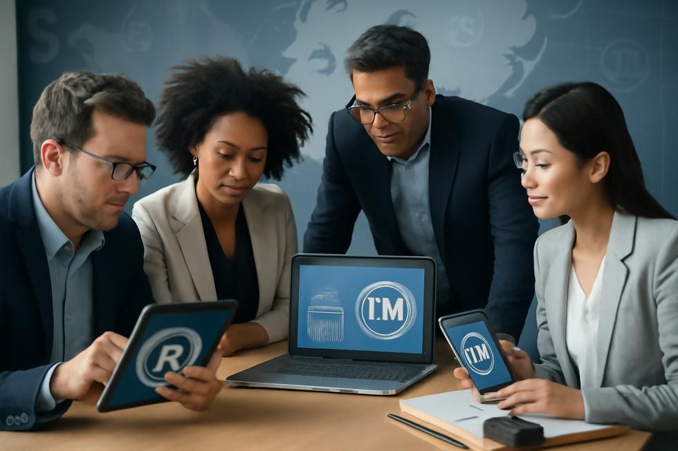 Group of businesspeople discussing trademark branding strategies with digital devices and global trade symbols in a modern office.