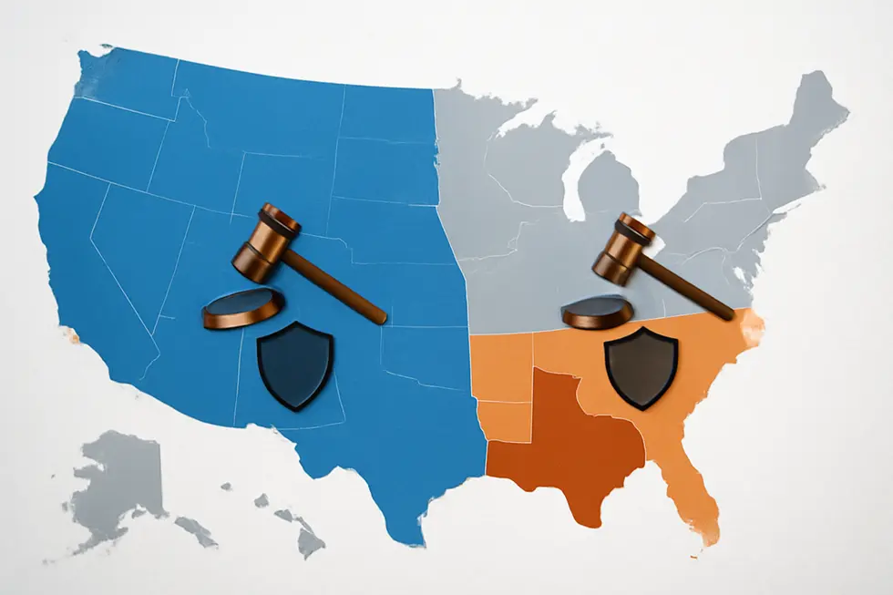 Visual comparison of federal and state trademark geographic coverage and legal authority.