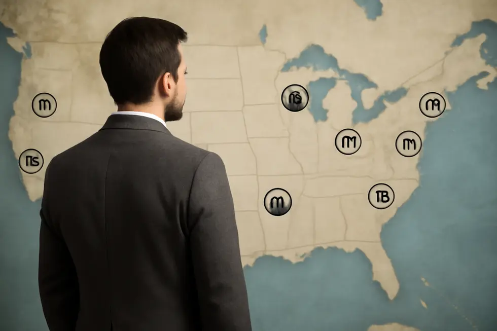 Visual representation of localized protection under common law trademark rights across different geographic areas.
