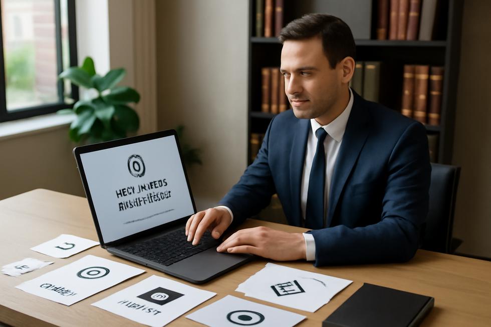 Person at a desk with a laptop and branding materials working on trademark registration.